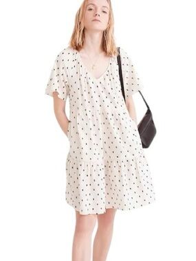 Madewell Cotton Lorelei Linen Ivory Black Embroidered Clip Dot Babydoll Dress  S